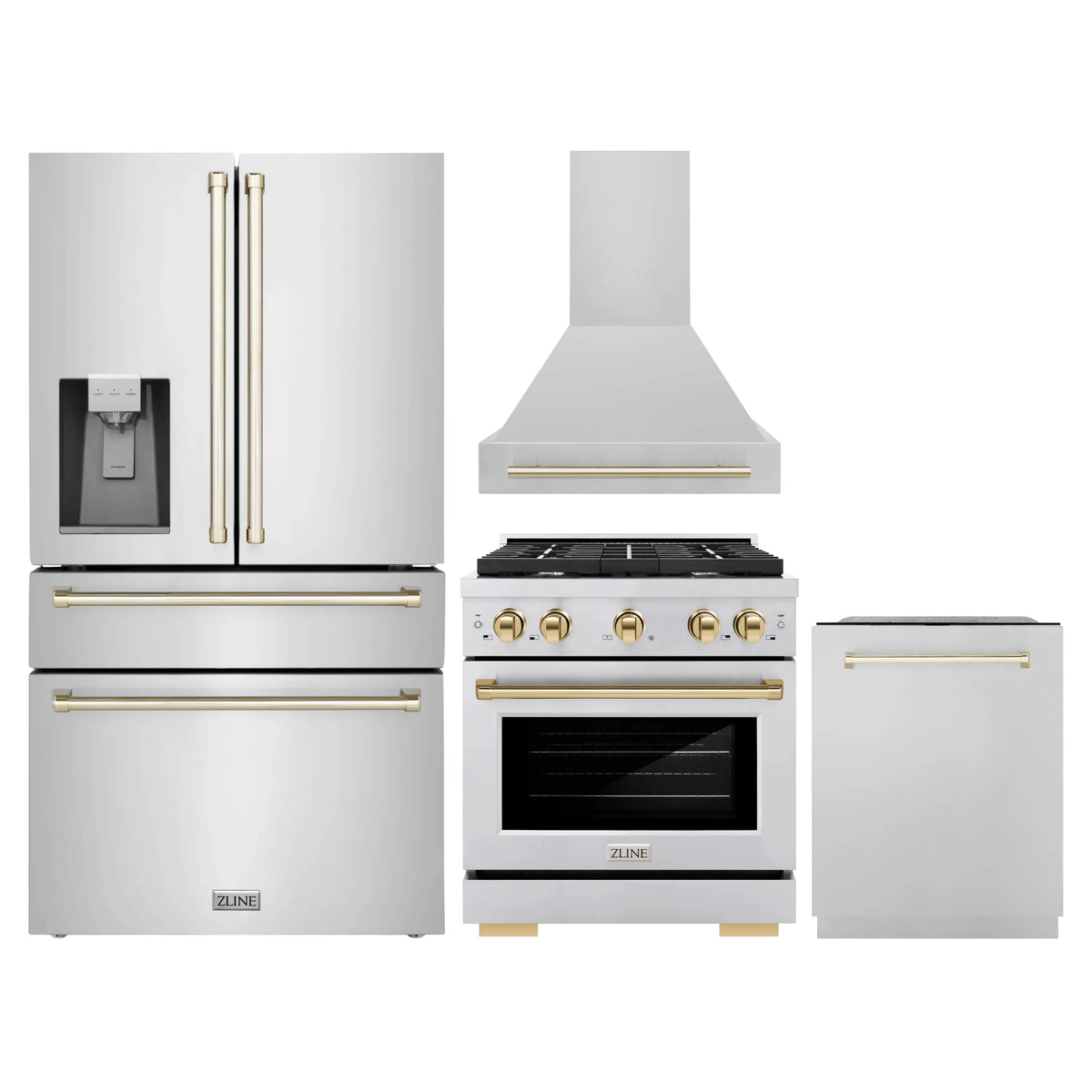 ZLINE Autograph Edition 4-Piece Appliance Package - 30-Inch Gas Range, Refrigerator with Water Dispenser, Wall Mounted Range Hood, & 24-Inch Tall Tub Dishwasher in Stainless Steel with Gold Trim (4AKPR-SGRRHDWM30-G)