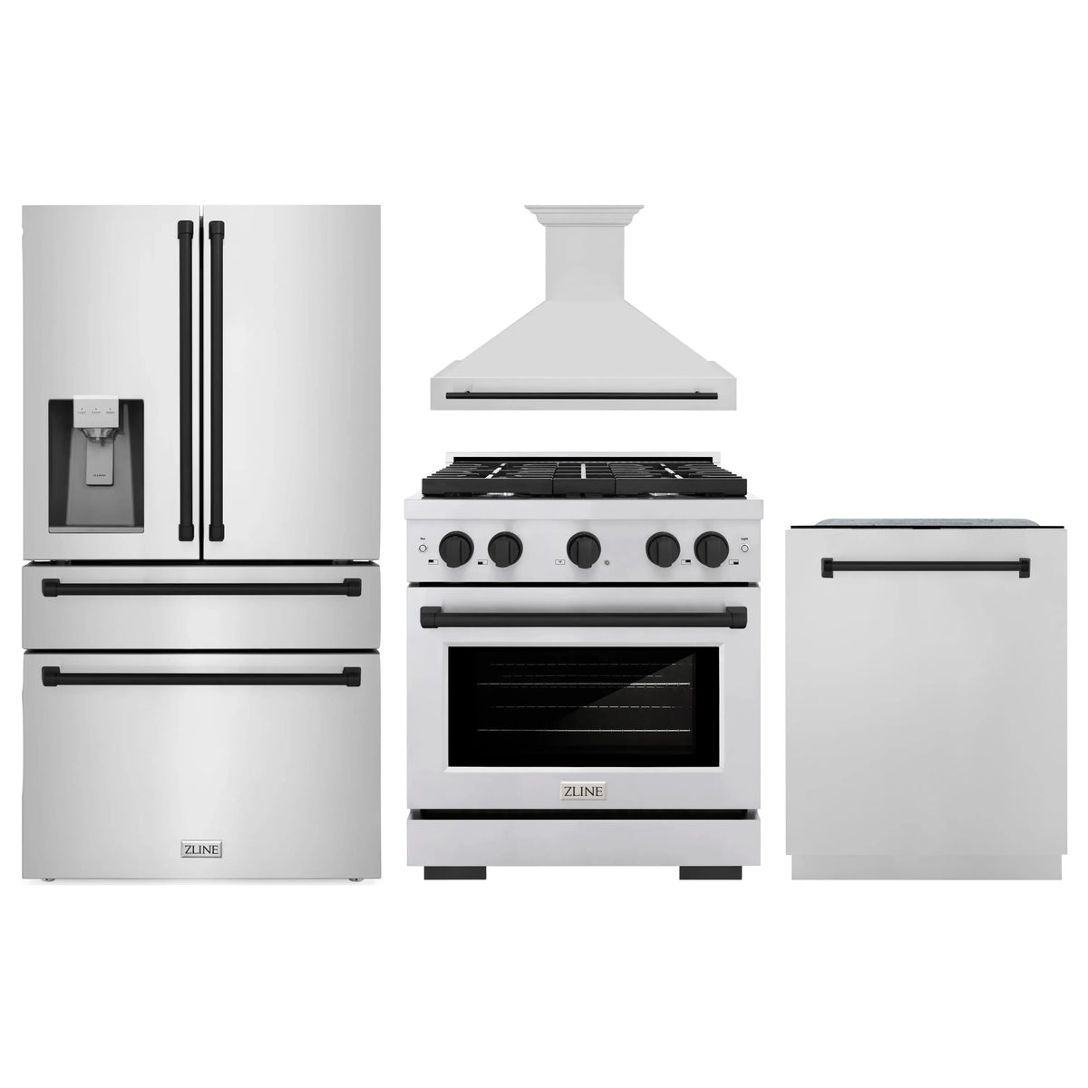ZLINE Autograph Edition 4-Piece Appliance Package - 30-Inch Gas Range, Refrigerator with Water Dispenser, Wall Mounted Range Hood, & 24-Inch Tall Tub Dishwasher in Stainless Steel with Matte Black Trim (4AKPR-SGRRHDWM30-MB)