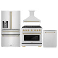 ZLINE Autograph Edition 4-Piece Appliance Package - 36-Inch Gas Range, Refrigerator with Water Dispenser, Wall Mounted Range Hood, and 24-Inch Tall Tub Dishwasher in Stainless Steel with Champagne Bronze Trim (4AKPR-SGRRHDWM36-CB)