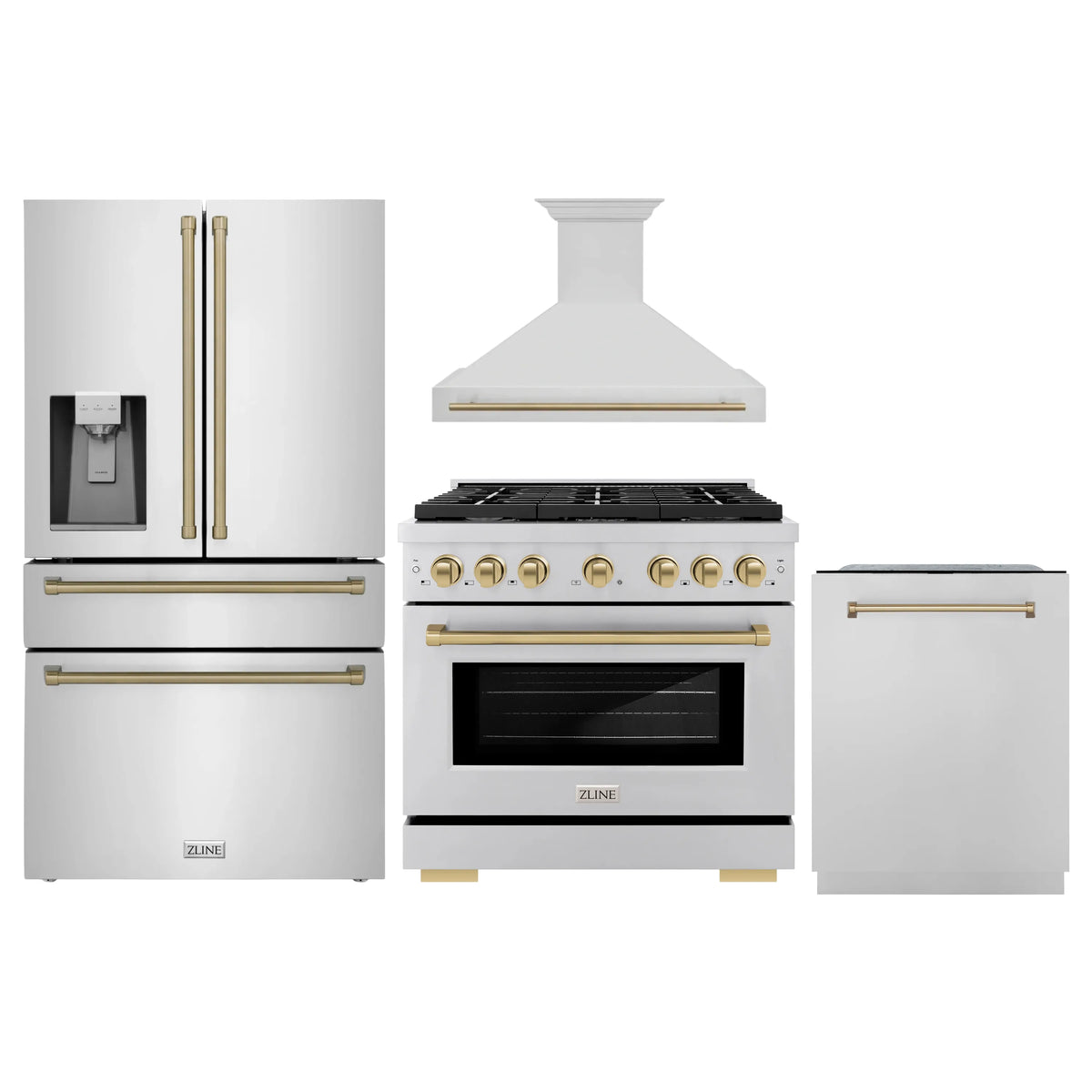 ZLINE Autograph Edition 4-Piece Appliance Package - 36-Inch Gas Range, Refrigerator with Water Dispenser, Wall Mounted Range Hood, and 24-Inch Tall Tub Dishwasher in Stainless Steel with Champagne Bronze Trim (4AKPR-SGRRHDWM36-CB)