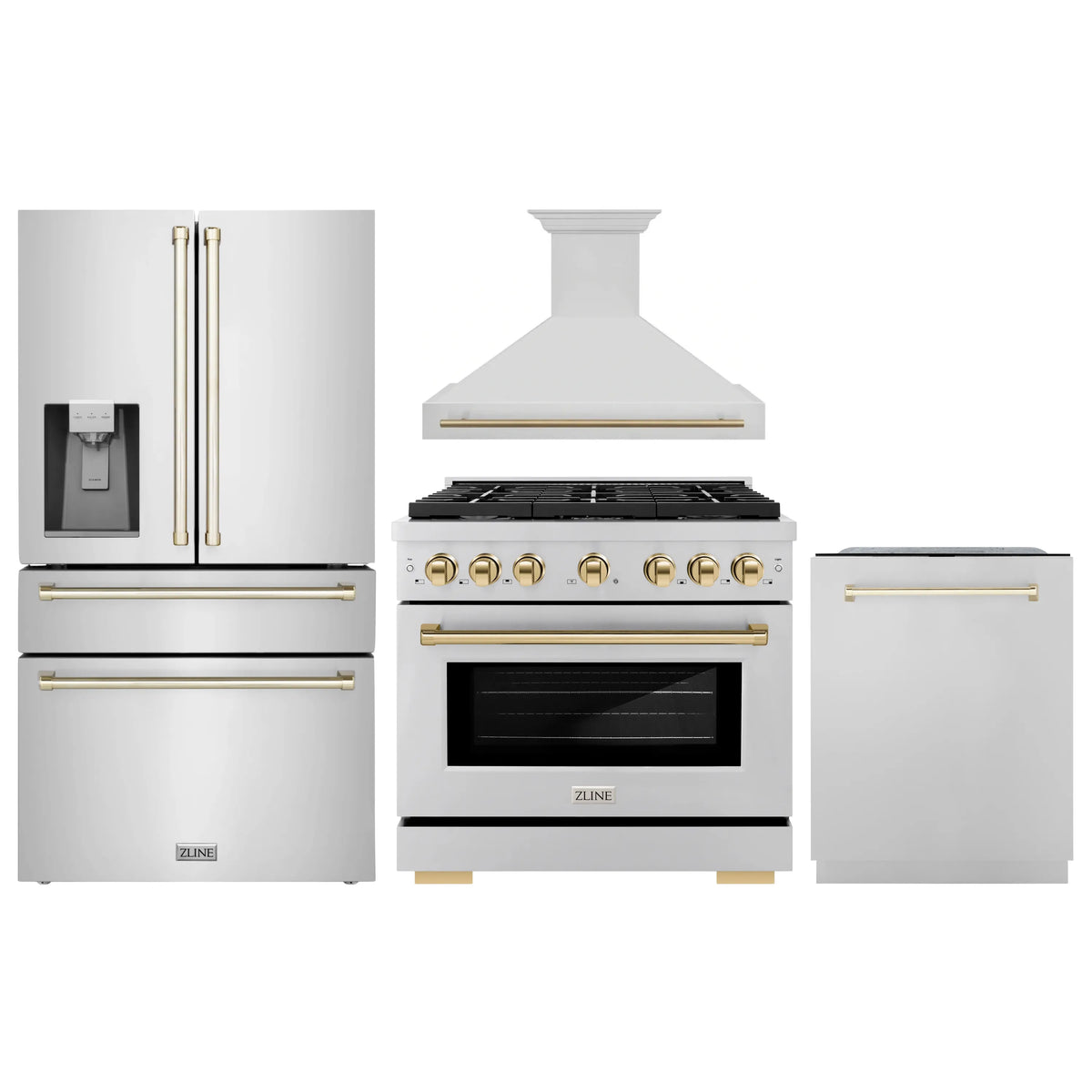 ZLINE Autograph Edition 4-Piece Appliance Package - 36-Inch Gas Range, Refrigerator with Water Dispenser, Wall Mounted Range Hood, & 24-Inch Tall Tub Dishwasher in Stainless Steel with Gold Trim (4AKPR-SGRRHDWM36-G)