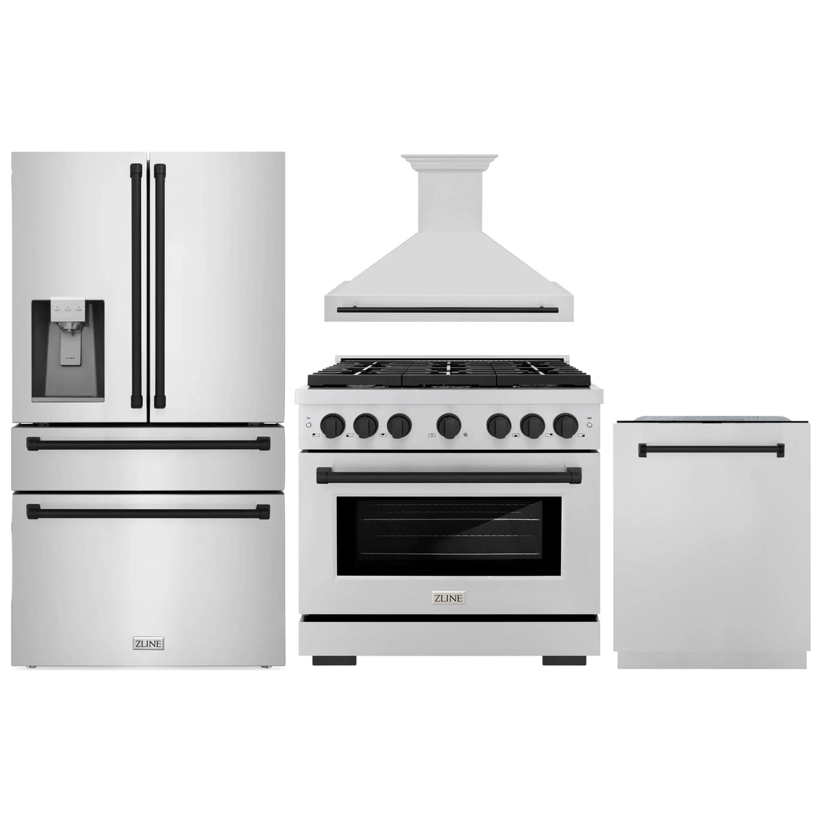 ZLINE Autograph Edition 4-Piece Appliance Package - 36-Inch Gas Range, Refrigerator with Water Dispenser, Wall Mounted Range Hood, & 24-Inch Tall Tub Dishwasher in Stainless Steel with Matte Black Trim (4AKPR-SGRRHDWM36-MB)