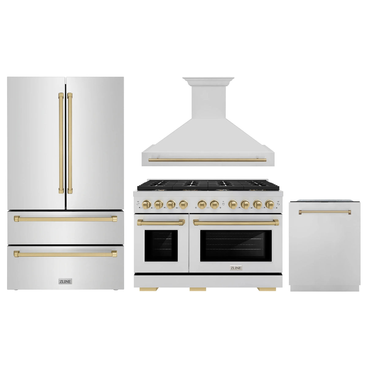 ZLINE Autograph Edition 4-Piece Appliance Package - 48-Inch Gas Range, Refrigerator, Wall Mounted Range Hood, & 24-Inch Tall Tub Dishwasher in Stainless Steel with Champagne Bronze Trim (4AKPR-SGRRHDWM48-CB)