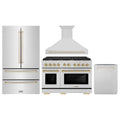 ZLINE Autograph Edition 4-Piece Appliance Package - 48-Inch Gas Range, Refrigerator, Wall Mounted Range Hood, & 24-Inch Tall Tub Dishwasher in Stainless Steel with Gold Trim (4AKPR-SGRRHDWM48-G)