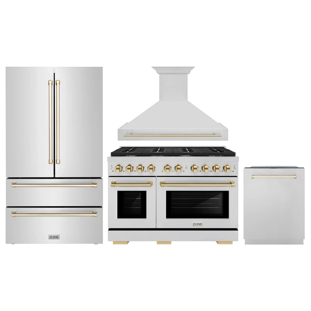 ZLINE Autograph Edition 4-Piece Appliance Package - 48-Inch Gas Range, Refrigerator, Wall Mounted Range Hood, & 24-Inch Tall Tub Dishwasher in Stainless Steel with Gold Trim (4AKPR-SGRRHDWM48-G)