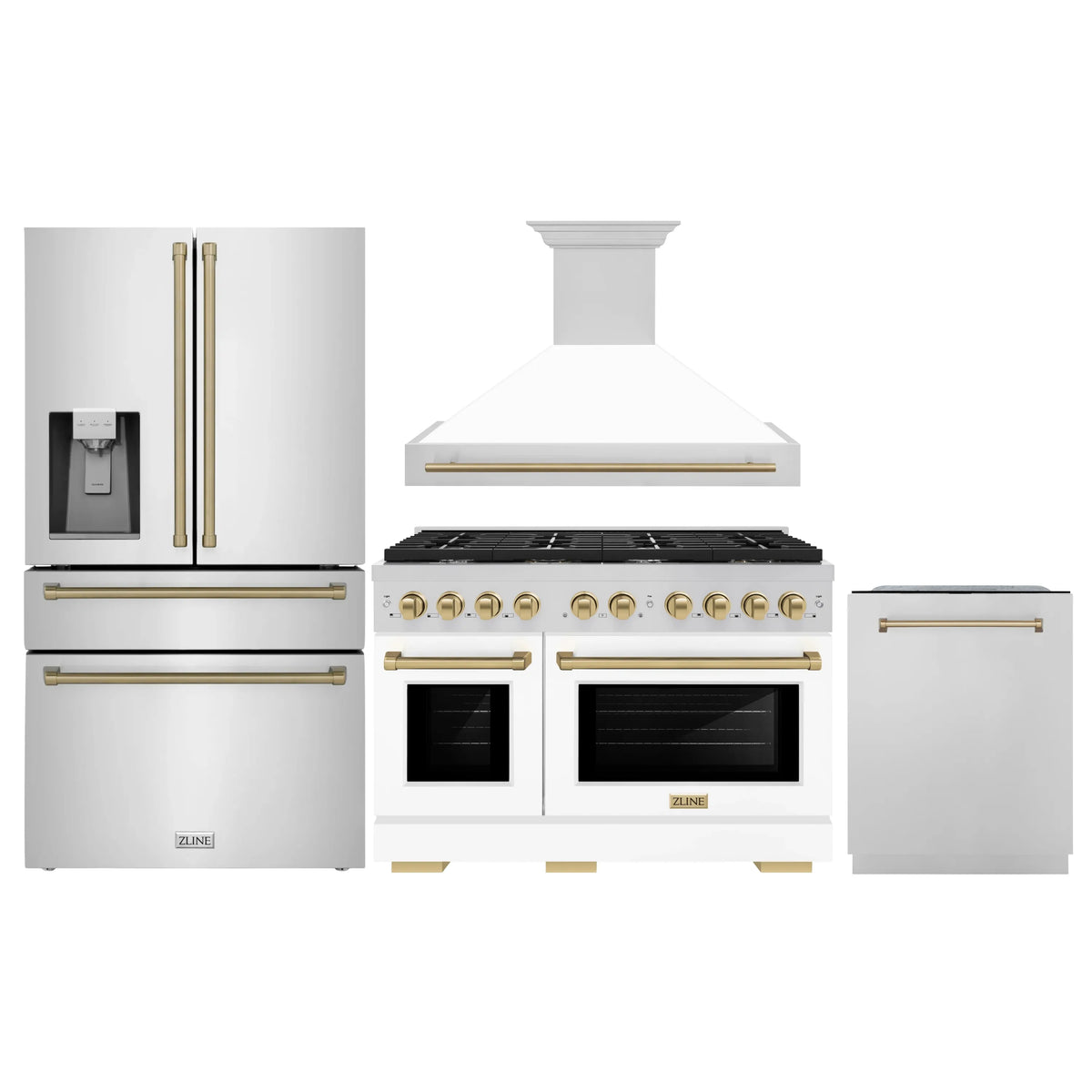 ZLINE Autograph Edition 4-Piece Appliance Package - 48-Inch Stainless Steel Gas Range, Refrigerator with Water Dispenser, Wall Mounted Range Hood, & 24-Inch Tall Tub Dishwasher in White Matte and Champagne Bronze Accents (4AKPR-SGRWMRHDWM48-CB)