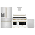 ZLINE Autograph Edition 4-Piece Appliance Package - 48-Inch Stainless Steel Gas Range, Refrigerator with Water Dispenser, Wall Mounted Range Hood, & 24-Inch Tall Tub Dishwasher in White Matte and Gold Accents (4AKPR-SGRWMRHDWM48-G)