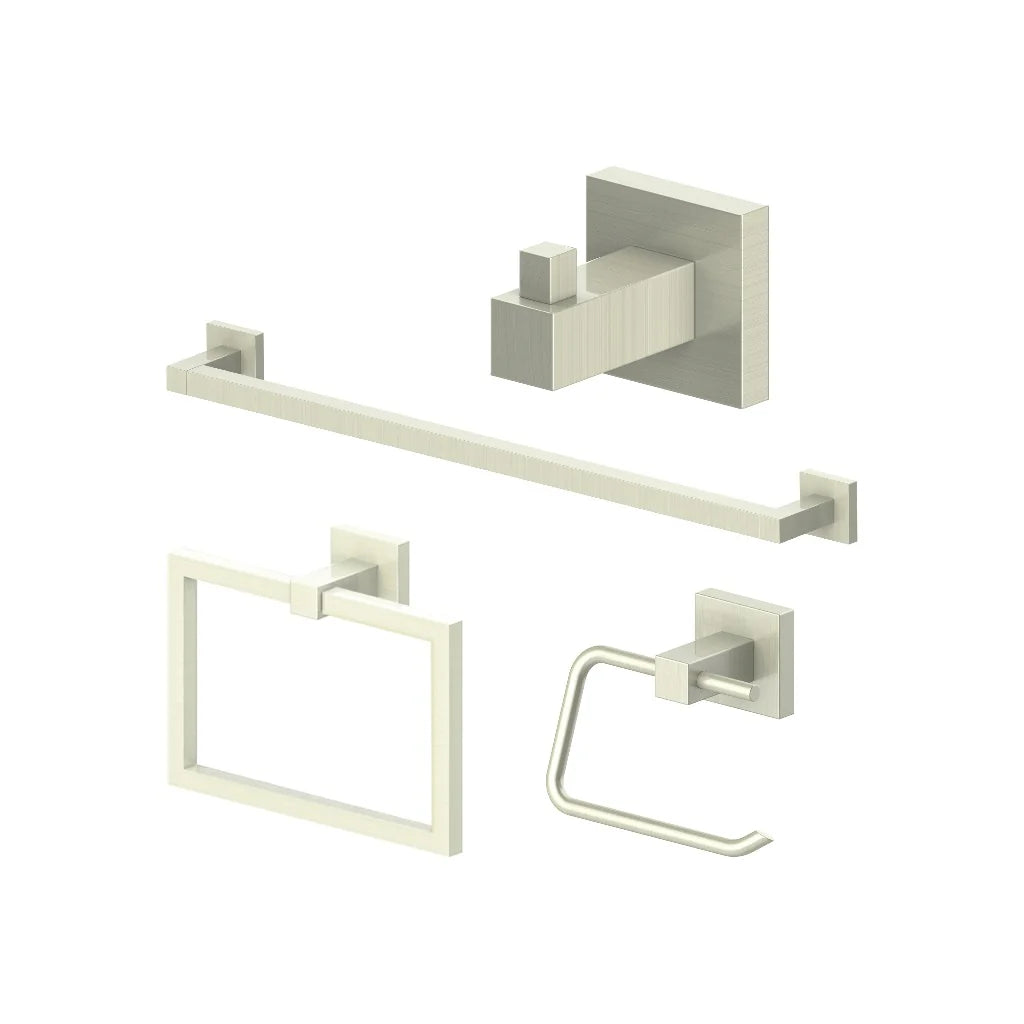 Brushed nickel bathroom accessories set showing towel rail, hook, ring, and toilet paper holder.