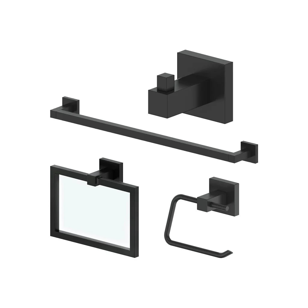 Matte black bathroom accessory set: towel rail, hook, ring, toilet paper holder