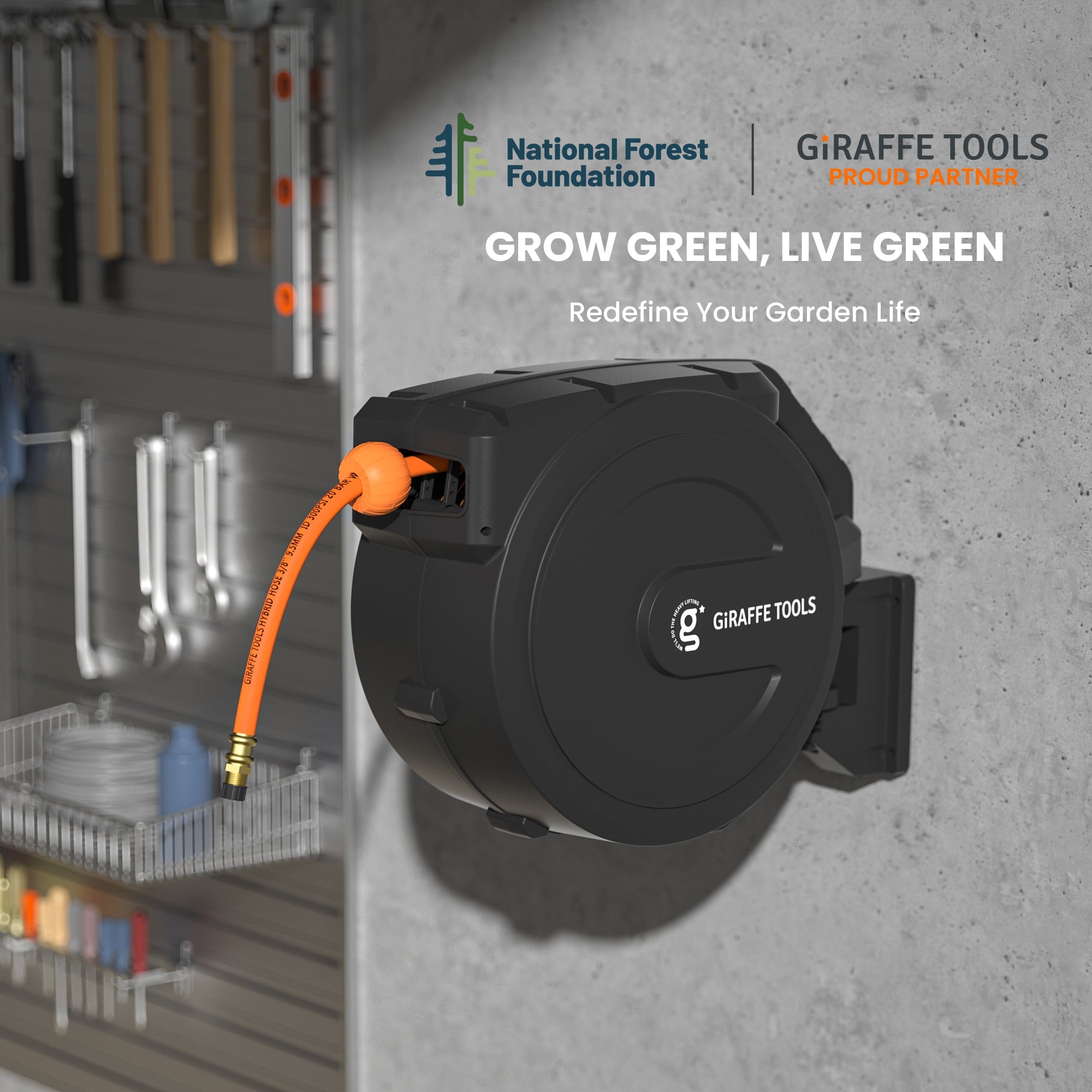 Retractable air hose reel mounted on wall with orange hose and brass connectors