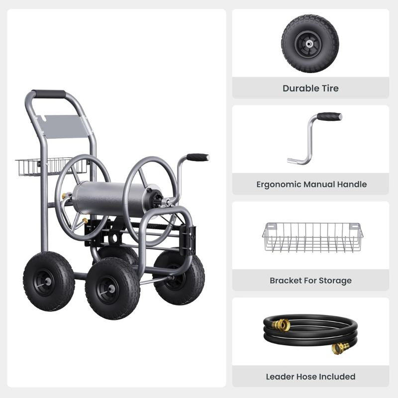 Hose reel cart features: durable tire, ergonomic manual handle, storage bracket, leader hose