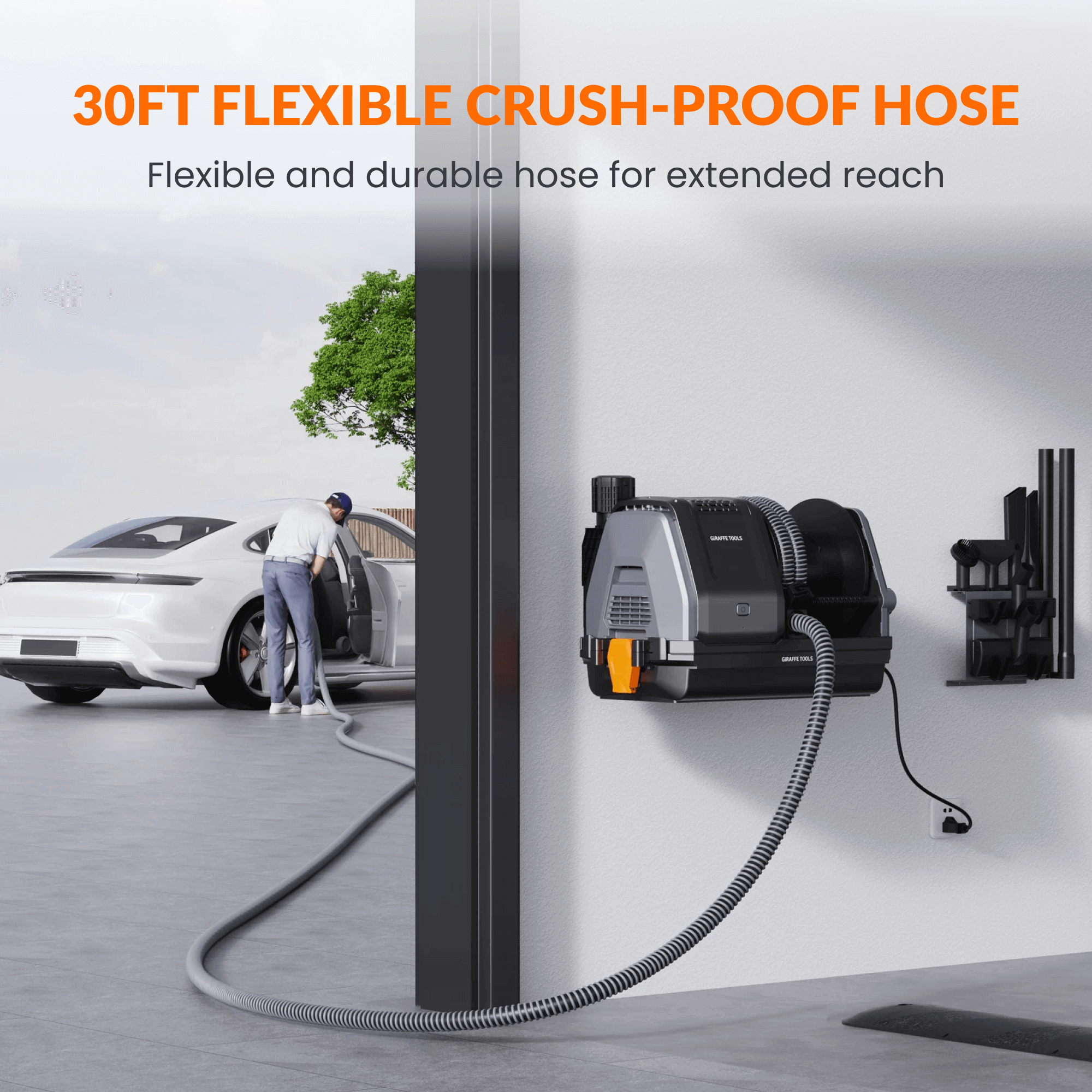 Wall-mounted retractable vacuum with flexible hose and nozzle attachment
