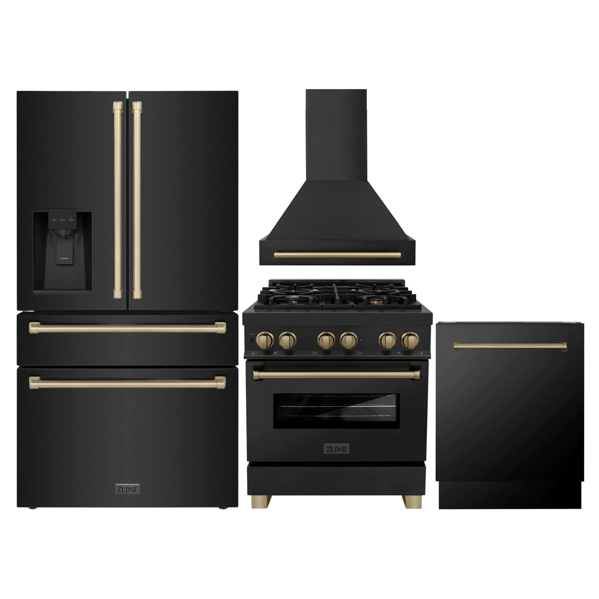 ZLINE Autograph Edition 4-Piece Appliance Package - 30-Inch Dual Fuel Range, Refrigerator with Water Dispenser, Wall Mounted Range Hood, & 24-Inch Tall Tub Dishwasher in Black Stainless Steel with Champagne Bronze Trim (4KAPR-RABRHDWV30-CB)
