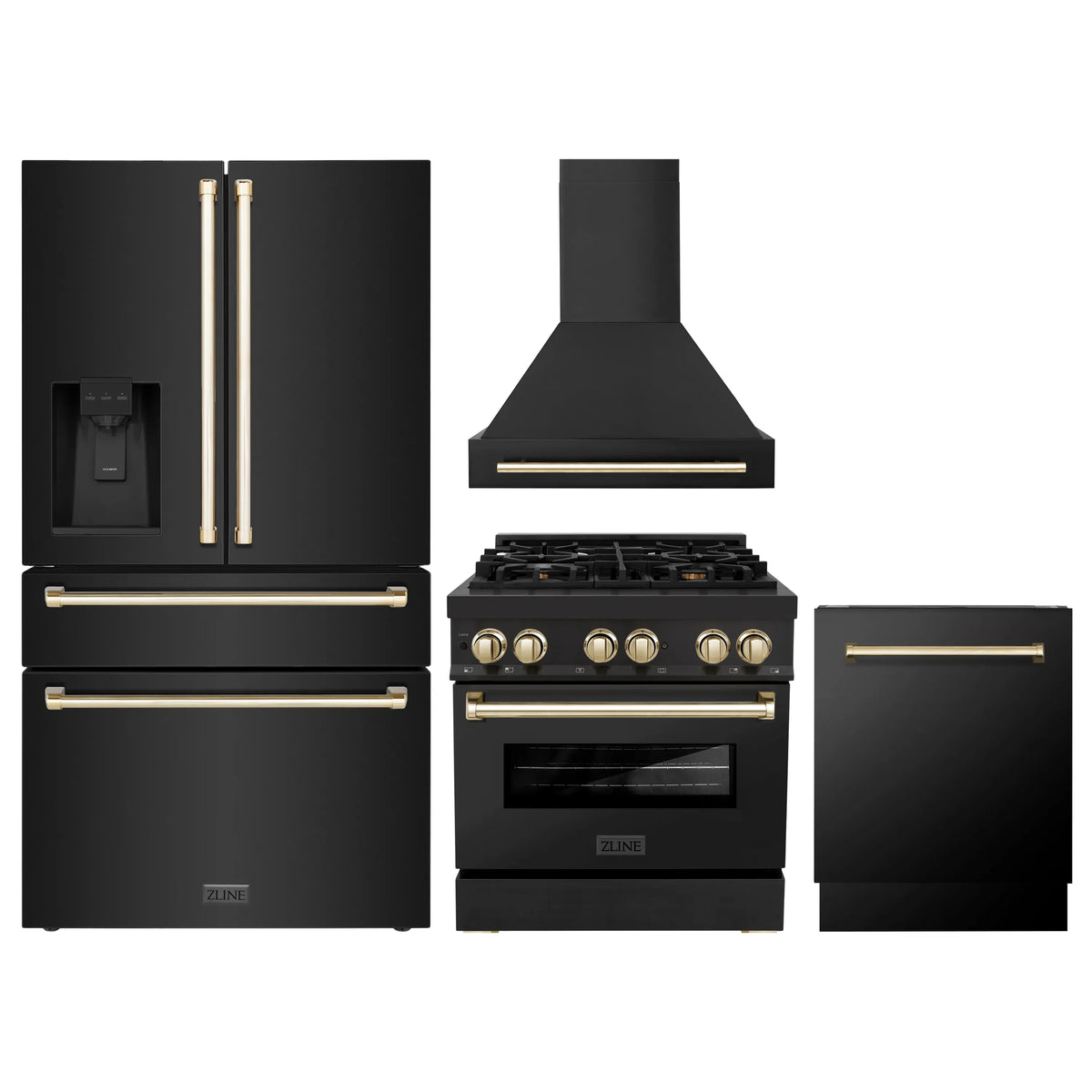 ZLINE Autograph Edition 4-Piece Appliance Package - 30-Inch Dual Fuel Range, Refrigerator with Water Dispenser, Wall Mounted Range Hood, & 24-Inch Tall Tub Dishwasher in Black Stainless Steel with Gold Trim (4KAPR-RABRHDWV30-G)
