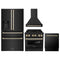ZLINE Autograph Edition 4-Piece Appliance Package - 30-Inch Dual Fuel Range, Refrigerator with Water Dispenser, Wall Mounted Range Hood, & 24-Inch Tall Tub Dishwasher in Black Stainless Steel with Gold Trim (4KAPR-RABRHDWV30-G)