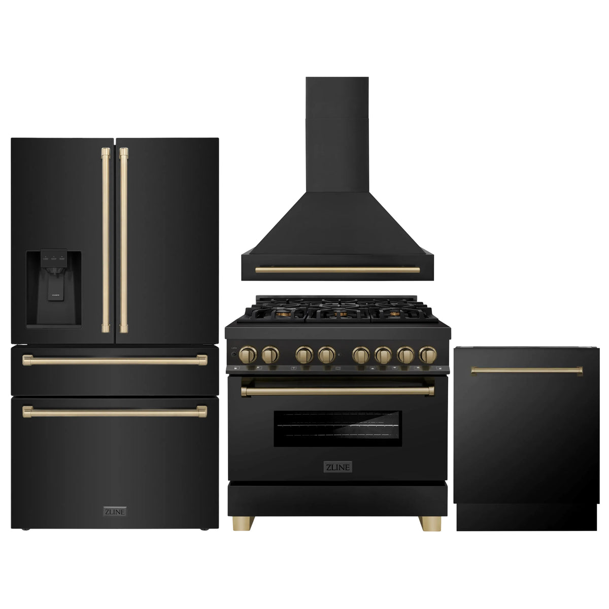 ZLINE Autograph Edition 4-Piece Appliance Package - 36" Dual Fuel Range, 36" Refrigerator with Water Dispenser, Wall Mounted Range Hood, & 24" Tall Tub Dishwasher in Black Stainless Steel with Champagne Bronze Trim (4KAPR-RABRHDWV36-CB)