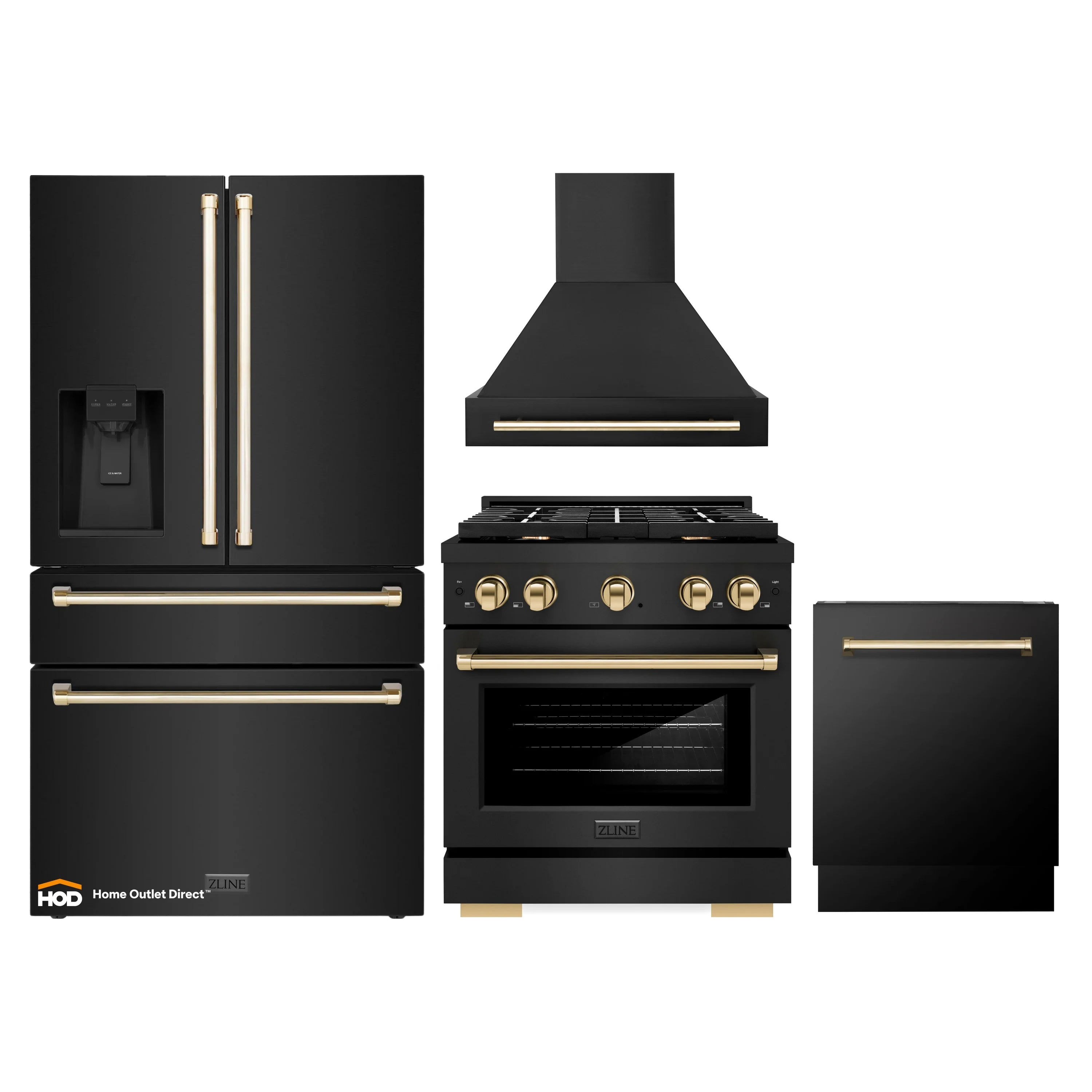 4-piece kitchen appliance package: black gas range, refrigerator, hood, and dishwasher