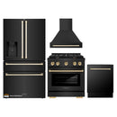 ZLINE Autograph Edition 4-Piece Appliance Package - 30-Inch Gas Range, Refrigerator with Water Dispenser, Wall Mounted Range Hood, & 24-Inch Tall Tub Dishwasher in Black Stainless Steel with Gold Trim (4KAPR-SGRBRHDWV30-G)