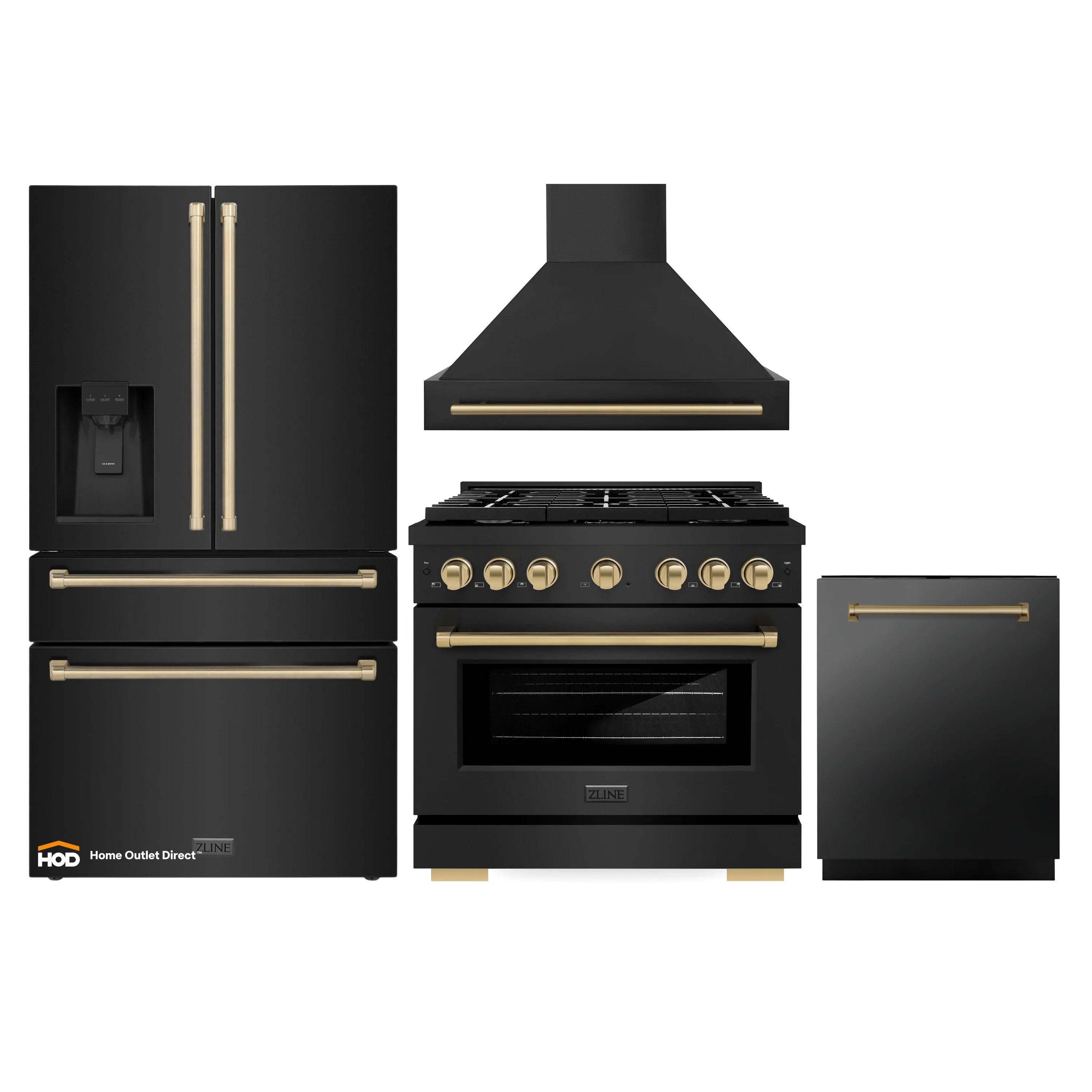 Black stainless appliance package with champagne bronze trim: gas range, hood, fridge & dishwasher