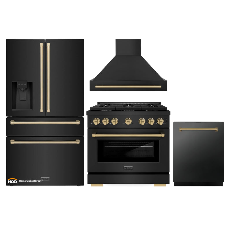 ZLINE Autograph Edition 4-Piece Appliance Package - 36-Inch Gas Range, Refrigerator with Water Dispenser, Wall Mounted Range Hood, & 24-Inch Tall Tub Dishwasher in Black Stainless Steel with Champagne Bronze Trim (4KAPR-RGBRHDWV36-CB)