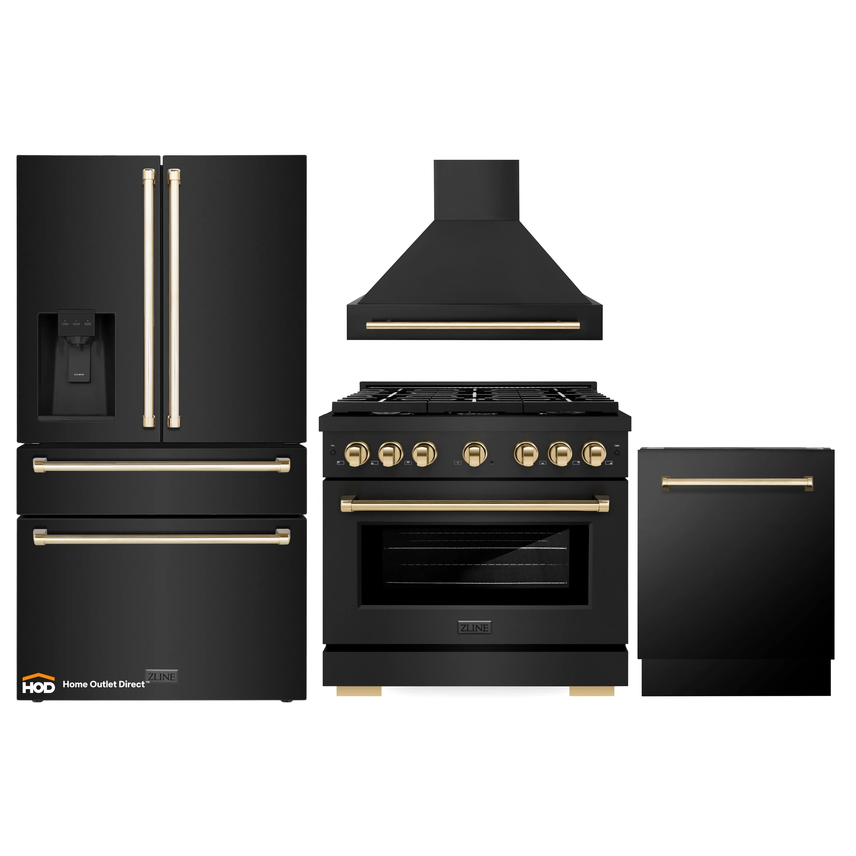 Black stainless 4-piece appliance set with gold-trim gas range, hood, fridge, dishwasher.