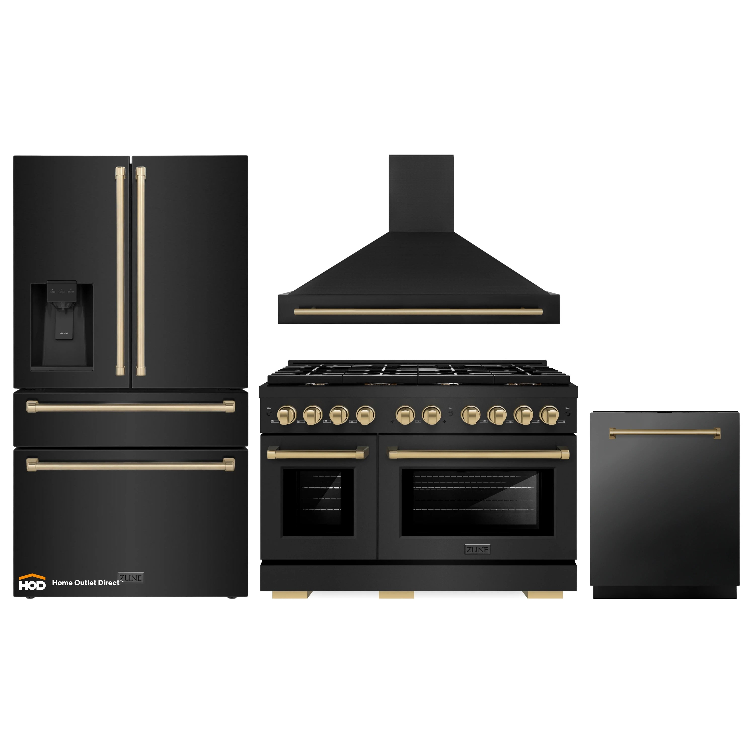 Appliance set featuring black gas range with gold accents, hood, and refrigerator