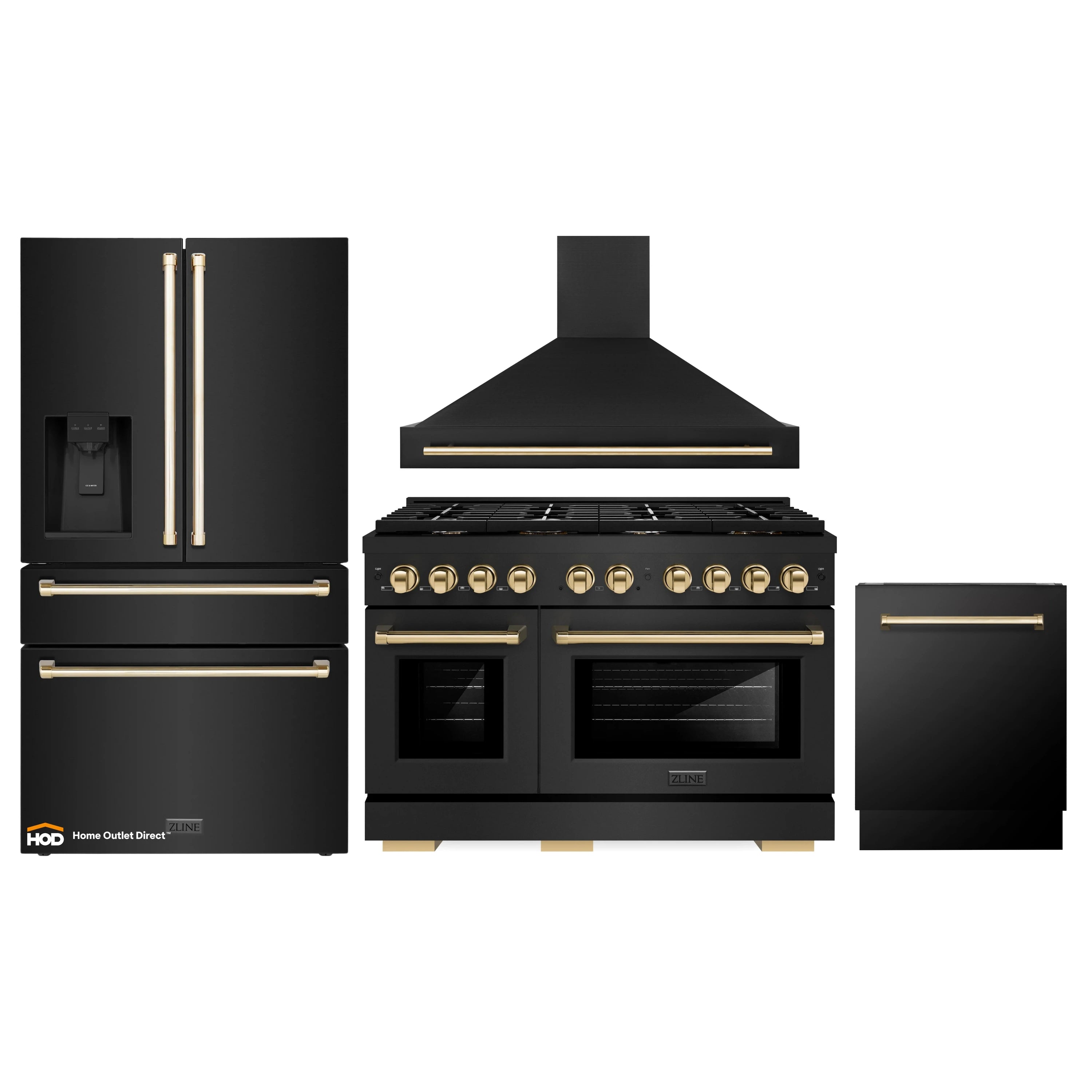 4-piece appliance package: black gas range, hood, refrigerator, dishwasher with gold trim
