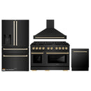 ZLINE Autograph Edition 4-Piece Appliance Package - 48-Inch Gas Range, Refrigerator with Water Dispenser, Wall Mounted Range Hood, & 24-Inch Tall Tub Dishwasher in Black Stainless Steel with Gold Trim (4KAPR-SGRBRHDWV48-G)