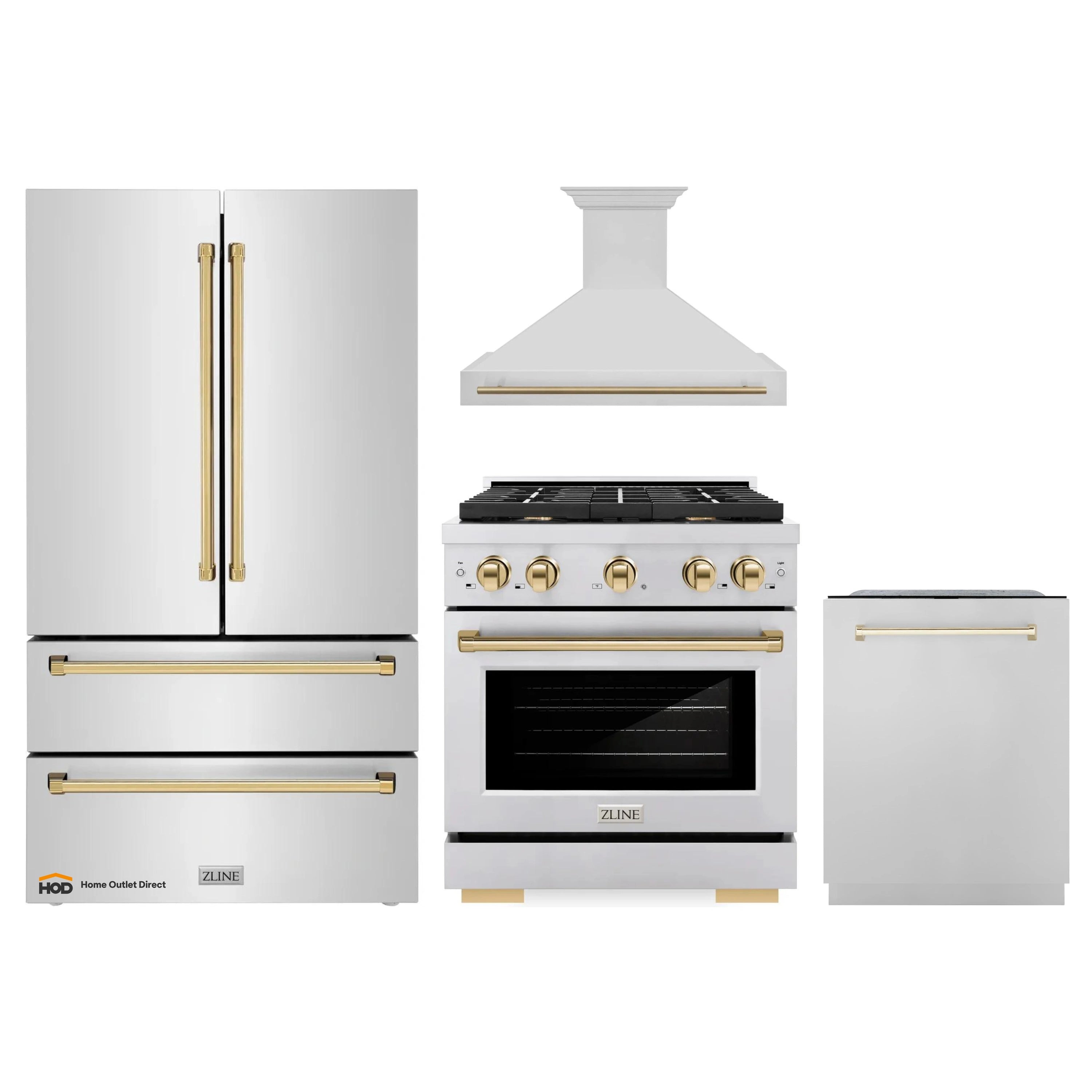 4-piece stainless steel appliance package with gold accents, including range, hood, fridge, and dishwasher