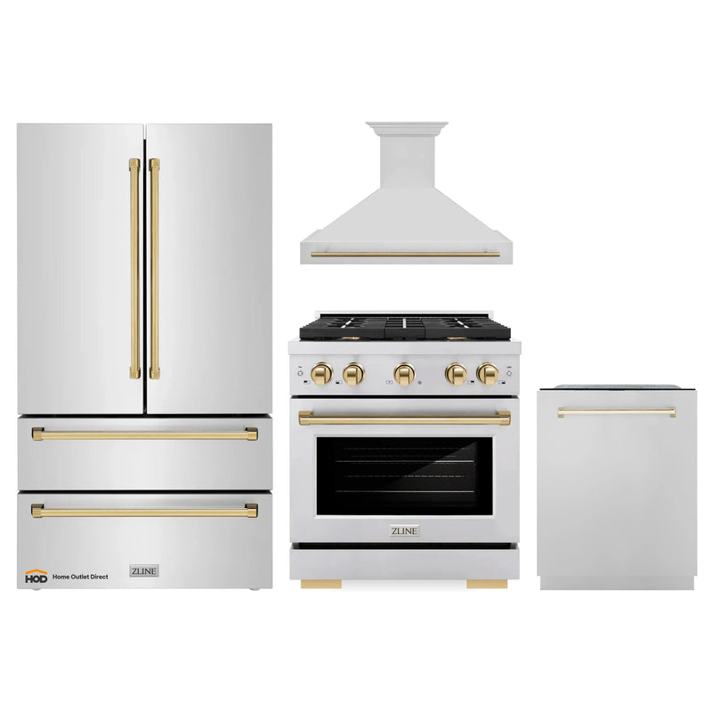 ZLINE Autograph Edition 4-Piece Appliance Package - 30-Inch Gas Range, Refrigerator, Wall Mounted Range Hood, & 24-Inch Tall Tub Dishwasher in Stainless Steel with Gold Trim (4KAPR-RGRHDWM30-G)