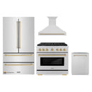 ZLINE Autograph Edition 4-Piece Appliance Package - 36-Inch Gas Range, Refrigerator, Wall Mounted Range Hood, & 24-Inch Tall Tub Dishwasher in Stainless Steel with Champagne Bronze Trim (4KAPR-SGRRHDWM36-CB)