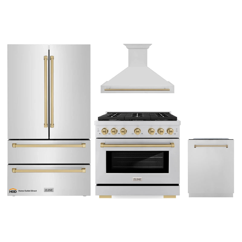 ZLINE Autograph Edition 4-Piece Appliance Package - 36-Inch Gas Range, Refrigerator, Wall Mounted Range Hood, & 24-Inch Tall Tub Dishwasher in Stainless Steel with Champagne Bronze Trim (4KAPR-RGRHDWM36-CB)