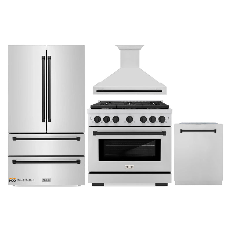 ZLINE Autograph Edition 4-Piece Appliance Package - 36-Inch Gas Range, Refrigerator, Wall Mounted Range Hood, & 24-Inch Tall Tub Dishwasher in Stainless Steel with Matte Black Trim (4KAPR-RGRHDWM36-MB)