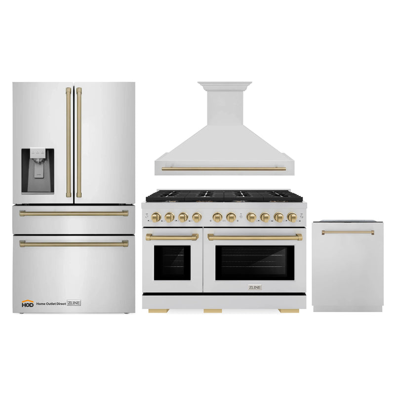 ZLINE Autograph Edition 4-Piece Appliance Package - 48-Inch Gas Range, Refrigerator with Water Dispenser, Wall Mounted Range Hood, & 24-Inch Tall Tub Dishwasher in Stainless Steel with Champagne Bronze Trim (4KAPR-RGRHDWM48-CB)