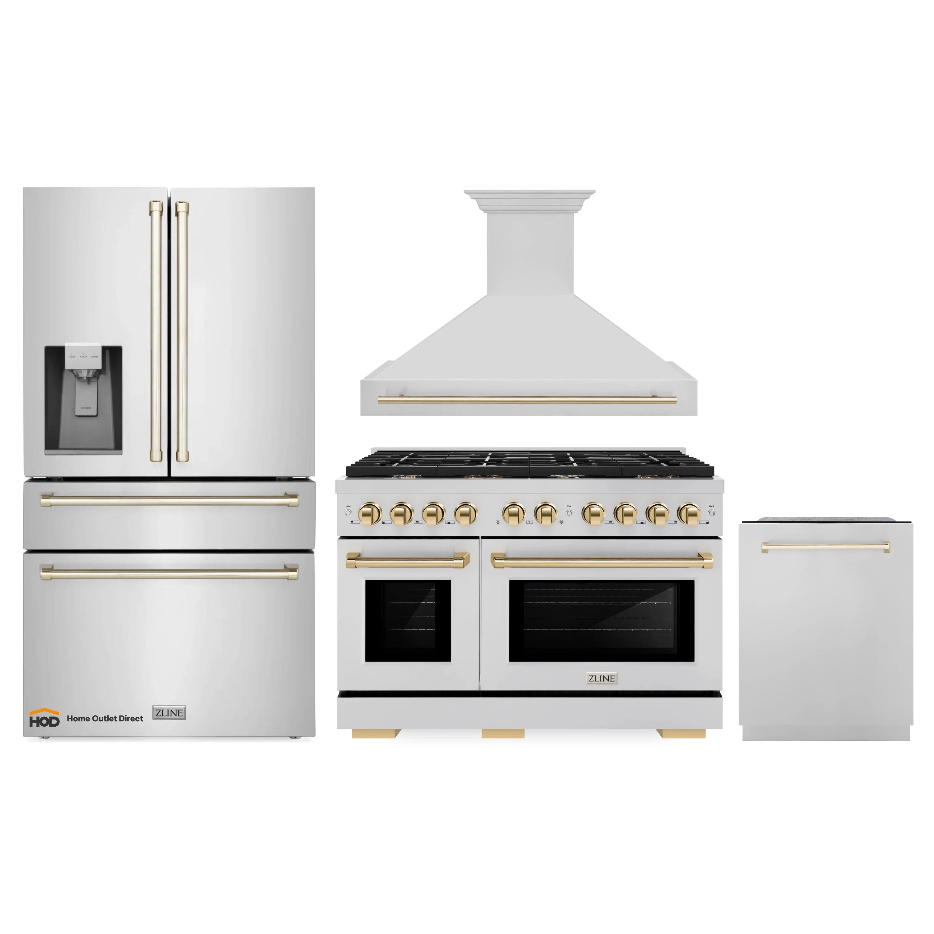 4-piece stainless appliance package with gas range, range hood, refrigerator, and dishwasher