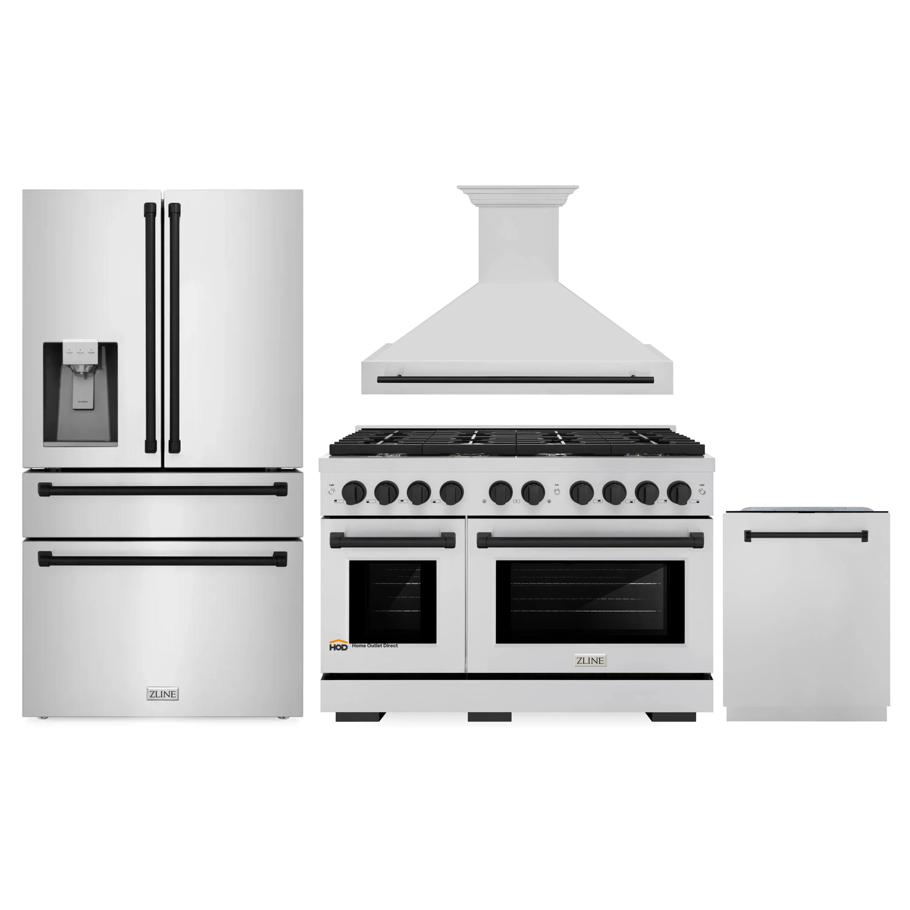 4-piece kitchen appliance package with stainless gas range, refrigerator, hood, and dishwasher