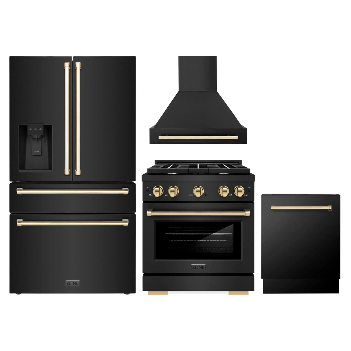 ZLINE Autograph Edition 4-Piece Appliance Package - 30-Inch Gas Range, Refrigerator with Water Dispenser, Wall Mounted Range Hood, & 24-Inch Tall Tub Dishwasher in Black Stainless Steel with Gold Trim (4KAPR-SGRBRHDWV30-G)