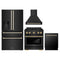 ZLINE Autograph Edition 4-Piece Appliance Package - 30-Inch Gas Range, Refrigerator with Water Dispenser, Wall Mounted Range Hood, & 24-Inch Tall Tub Dishwasher in Black Stainless Steel with Gold Trim (4KAPR-SGRBRHDWV30-G)