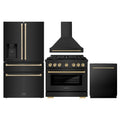 ZLINE Autograph Edition 4-Piece Appliance Package - 36-Inch Gas Range, Refrigerator with Water Dispenser, Wall Mounted Range Hood, & 24-Inch Tall Tub Dishwasher in Black Stainless Steel with Champagne Bronze Trim