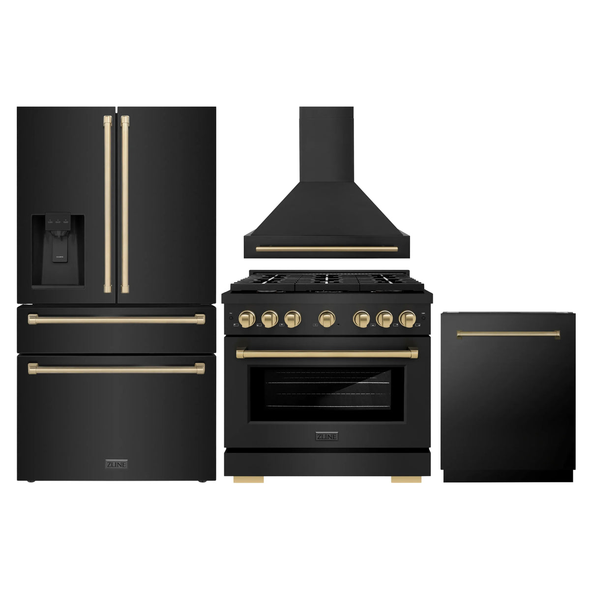 ZLINE Autograph Edition 4-Piece Appliance Package - 36-Inch Gas Range, Refrigerator with Water Dispenser, Wall Mounted Range Hood, & 24-Inch Tall Tub Dishwasher in Black Stainless Steel with Champagne Bronze Trim (4KAPR-SGRBRHDWV36-CB)