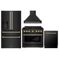 ZLINE Autograph Edition 4-Piece Appliance Package - 36-Inch Gas Range, Refrigerator with Water Dispenser, Wall Mounted Range Hood, & 24-Inch Tall Tub Dishwasher in Black Stainless Steel with Gold Trim