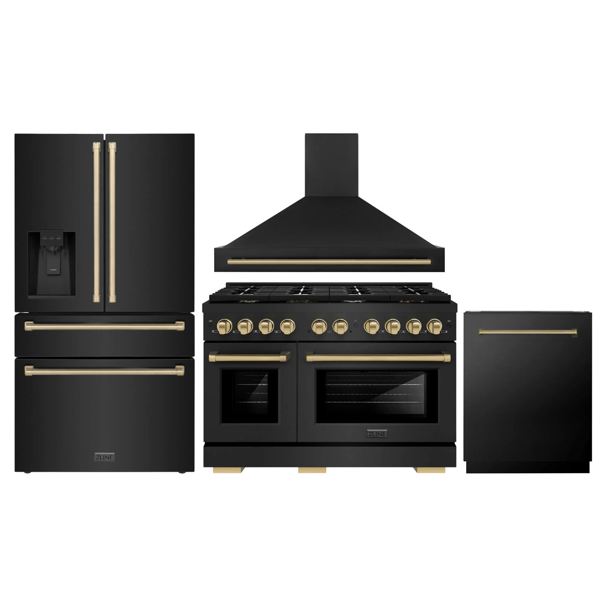 ZLINE Autograph Edition 4-Piece Appliance Package - 48-Inch Gas Range, Refrigerator with Water Dispenser, Wall Mounted Range Hood, & 24-Inch Tall Tub Dishwasher in Black Stainless Steel with Champagne Bronze Trim (4KAPR-SGRBRHDWV48-CB)