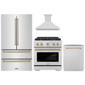 ZLINE Autograph Edition 4-Piece Appliance Package - 30-Inch Gas Range, Refrigerator, Wall Mounted Range Hood, & 24-Inch Tall Tub Dishwasher in Stainless Steel with Champagne Bronze Trim (4KAPR-SGRRHDWM30-CB)