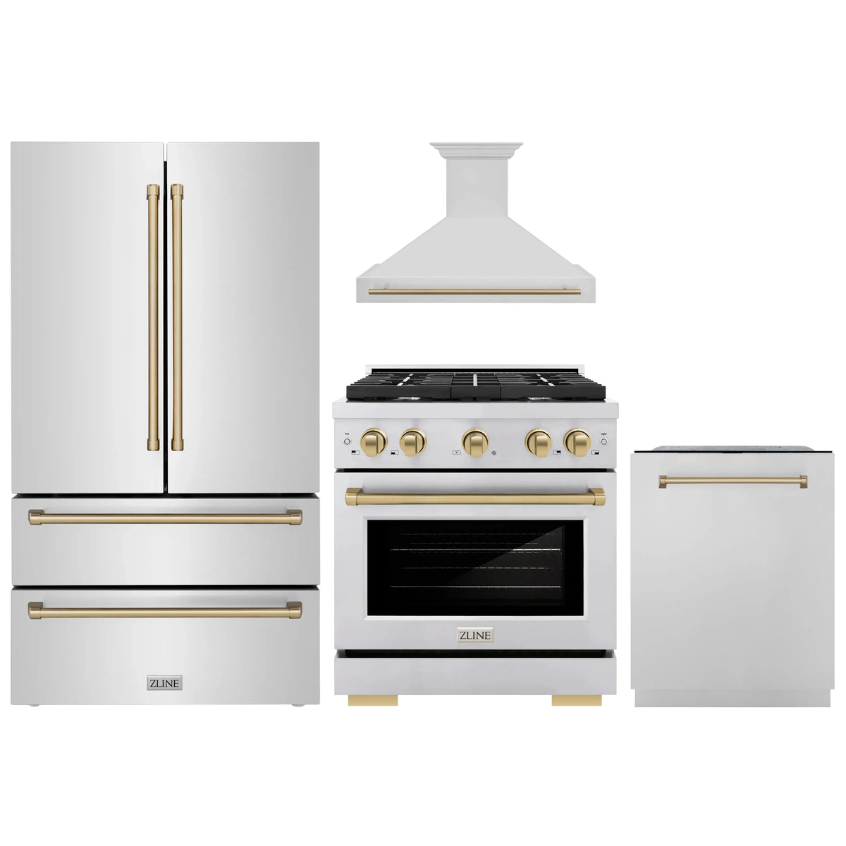 ZLINE Autograph Edition 4-Piece Appliance Package - 30-Inch Gas Range, Refrigerator, Wall Mounted Range Hood, & 24-Inch Tall Tub Dishwasher in Stainless Steel with Champagne Bronze Trim (4KAPR-SGRRHDWM30-CB)