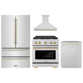 ZLINE Autograph Edition 4-Piece Appliance Package - 30-Inch Gas Range, Refrigerator, Wall Mounted Range Hood, & 24-Inch Tall Tub Dishwasher in Stainless Steel with Gold Trim (4KAPR-SGRRHDWM30-G)