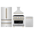ZLINE Autograph Edition 4-Piece Appliance Package - 36-Inch Gas Range, Refrigerator, Wall Mounted Range Hood, & 24-Inch Tall Tub Dishwasher in Stainless Steel with Champagne Bronze Trim (4KAPR-SGRRHDWM36-CB)