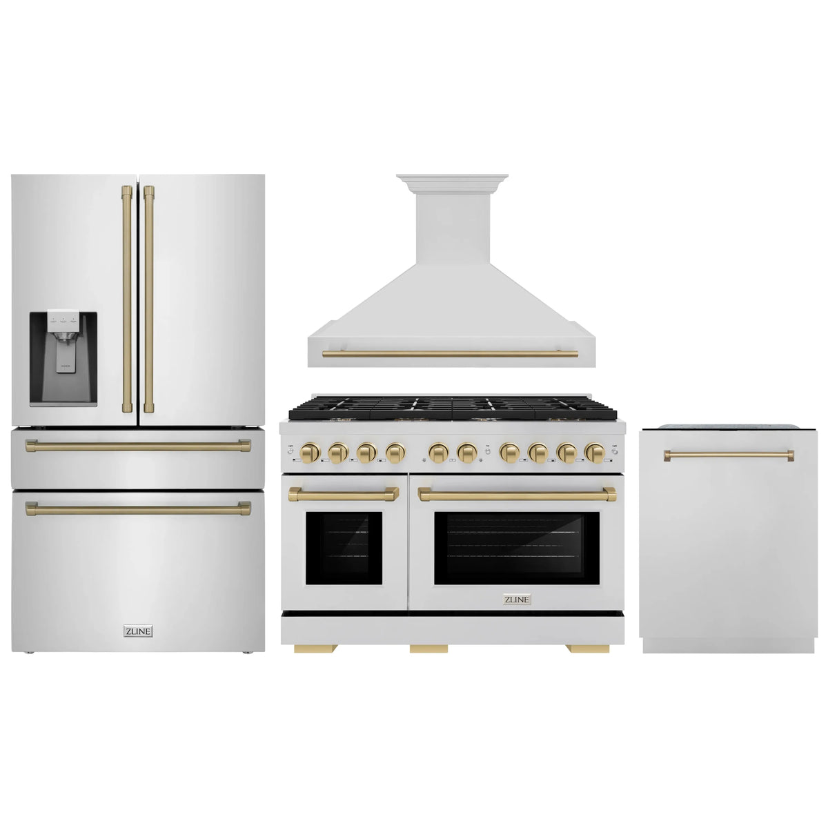 ZLINE Autograph Edition 4-Piece Appliance Package - 48-Inch Gas Range, Refrigerator with Water Dispenser, Wall Mounted Range Hood, & 24-Inch Tall Tub Dishwasher in Stainless Steel with Champagne Bronze Trim (4KAPR-SGRRHDWM48-CB)
