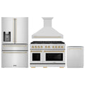 ZLINE Autograph Edition 4-Piece Appliance Package - 48-Inch Gas Range, Refrigerator with Water Dispenser, Wall Mounted Range Hood, & 24-Inch Tall Tub Dishwasher in Stainless Steel with Gold Trim (4KAPR-SGRRHDWM48-G)