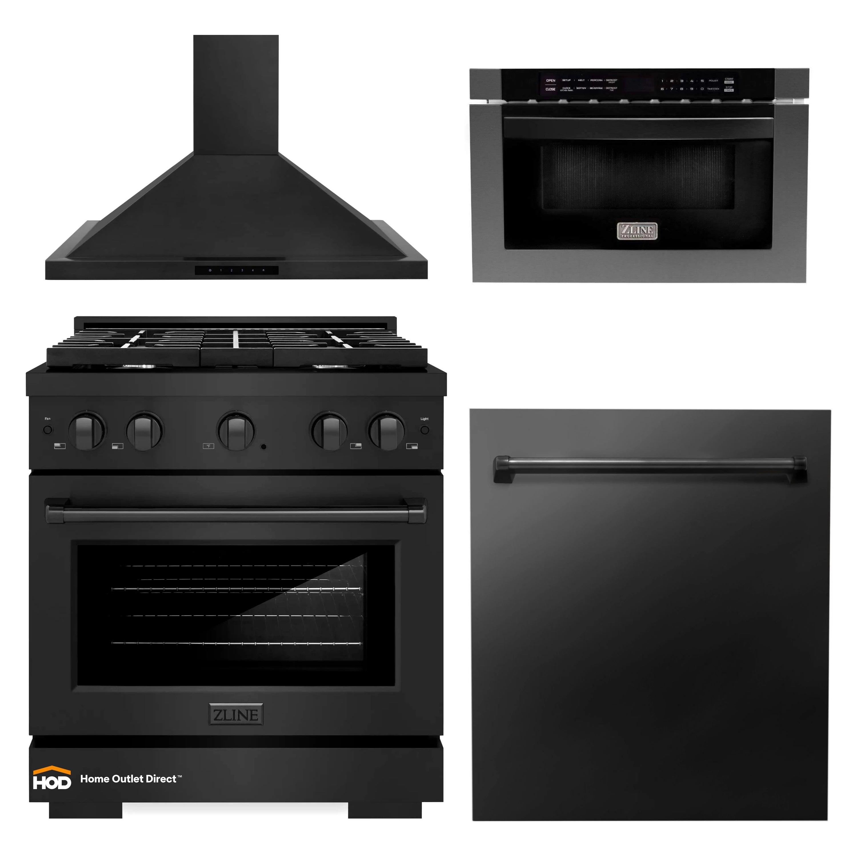 ZLINE appliance package: black gas range, wall hood, and dishwasher front
