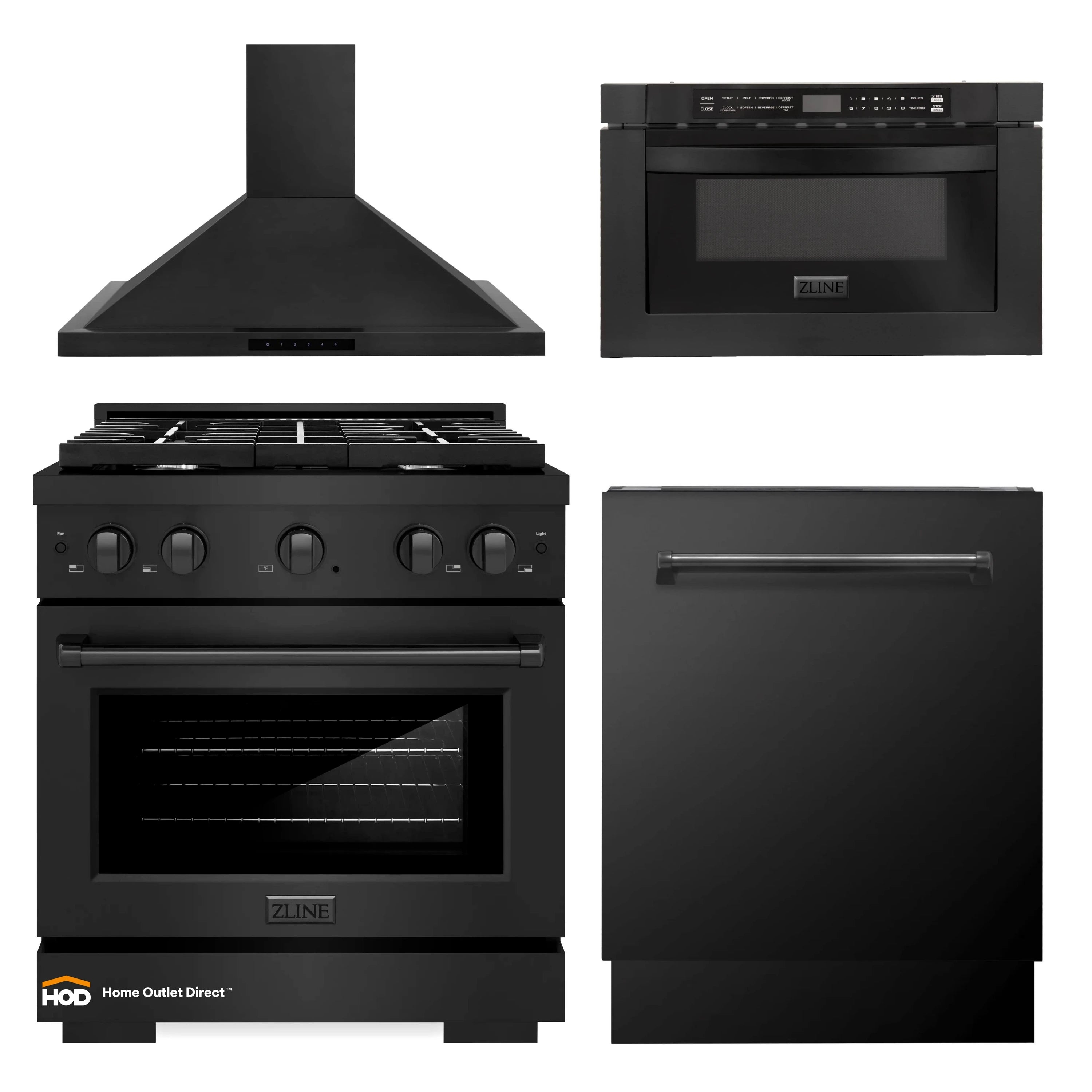 ZLINE 4-piece appliance package in black stainless: gas range, microwave drawer, hood, dishwasher